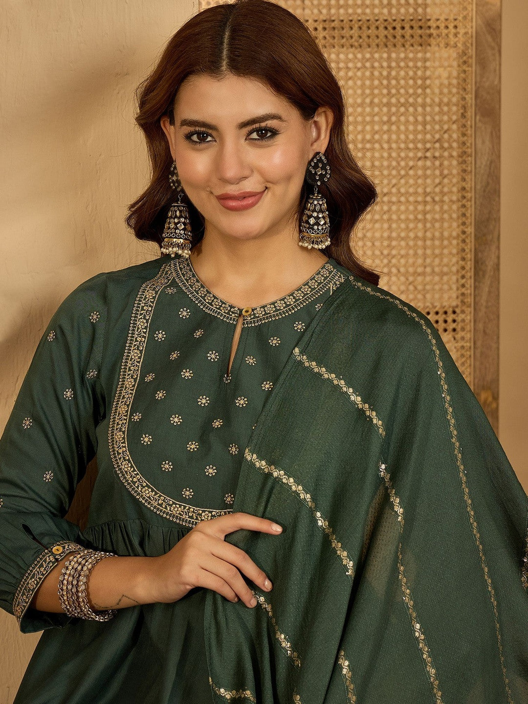Embroidered Round Neck Kurta Sets With Dupatta