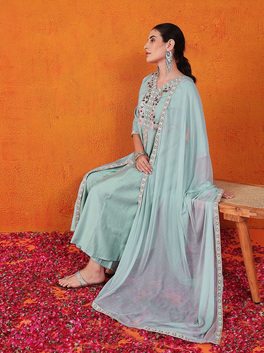 Dhiyona SN Embroidered V-Neck Kurta, Palazzo & Dupatta Set