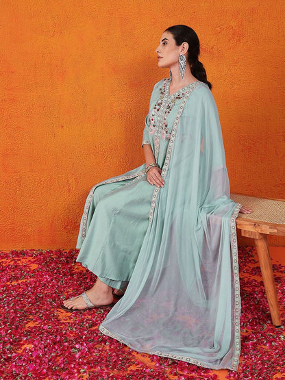 Dhiyona SN Embroidered V-Neck Kurta, Palazzo & Dupatta Set
