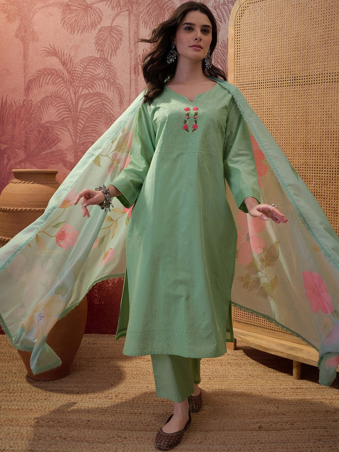 Printed Pure Cotton V Neck Kurta Sets