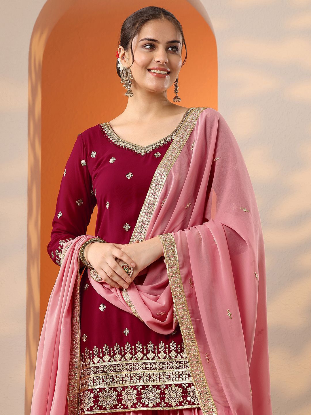 Dhiyona LL Floral Embroidered Georgette Sweetheart Neck Zari Kurti & Sharara & Dupatta