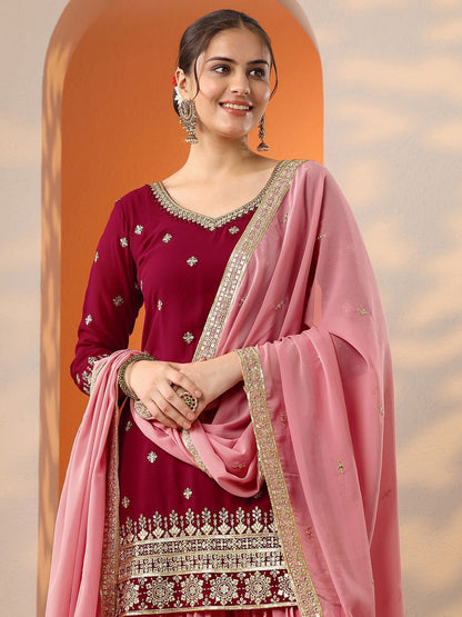 Dhiyona LL Floral Embroidered Georgette Sweetheart Neck Zari Kurti & Sharara & Dupatta