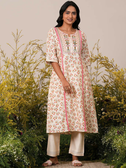 Women's LB Beige Printed Chanderi Silk A-Line Kurta With Palazzos