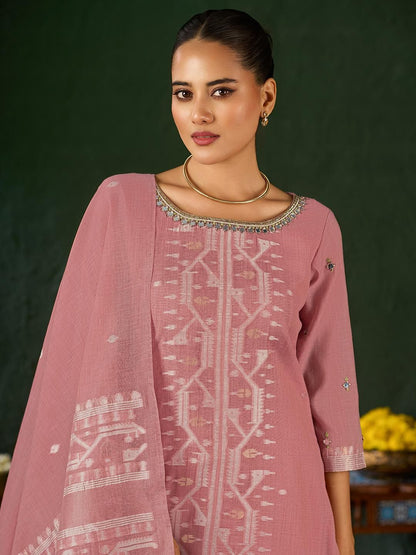 Dhiyona KL Women Pink Ethnic Motifs Embroidered Kurta With Palazzos & Dupatta