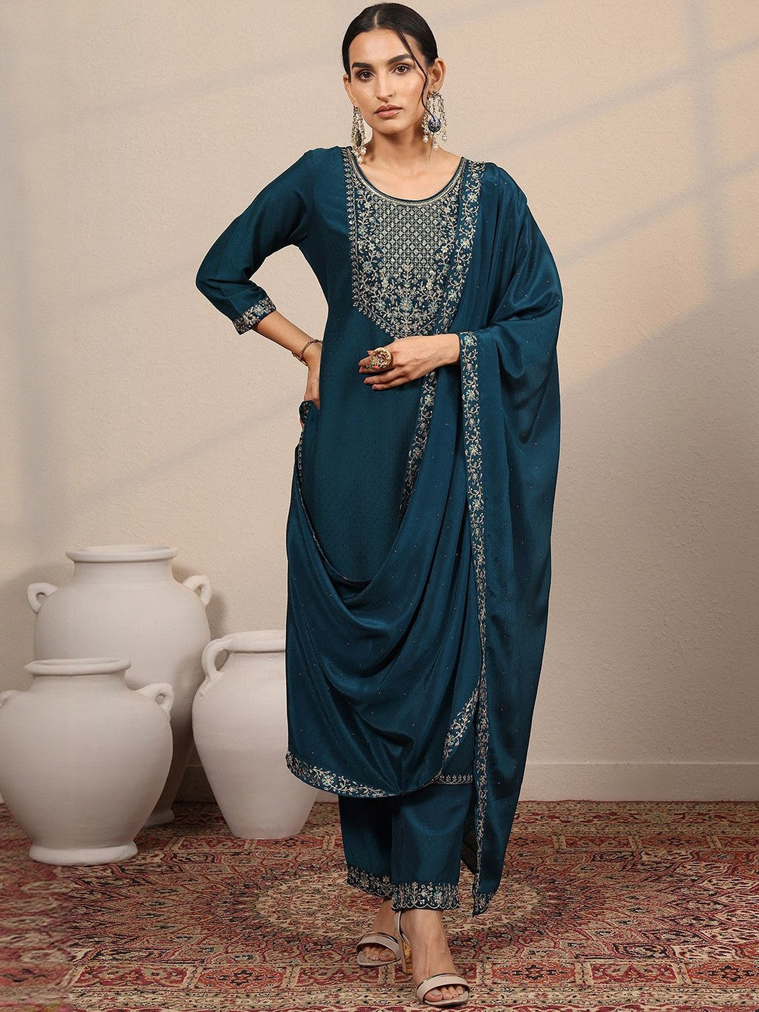 Art Ethnic Motifs Embroidered Thread Work Yoke Design Kurta With Trouser And Dupatta