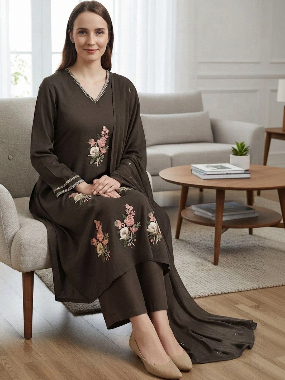 Women Floral Embroidered Regular Thread Work Pure Cotton Kurta with Palazzos & With Dupatta