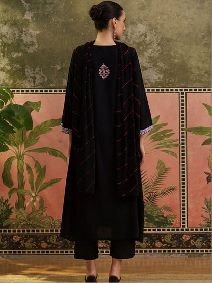 Embroidered V-Neck A-Line Kurta & Trousers With Dupatta