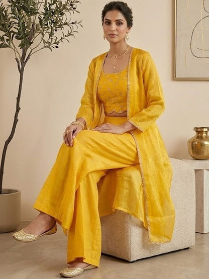 Embroidered Tissue Round Neck Top & Palazzos