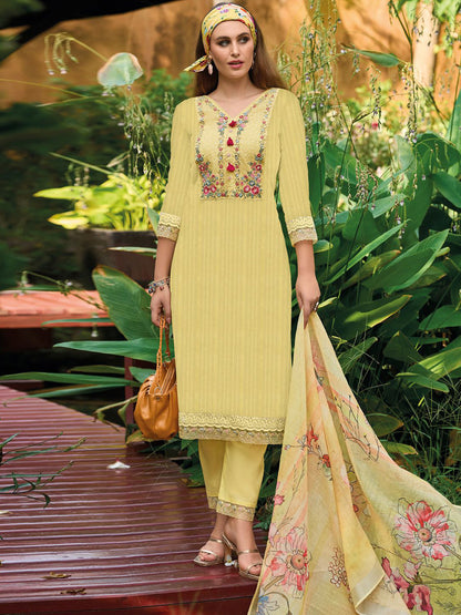 Yellow Floral Embroidered Thread Work Pure Cotton Kurta with Trouser & Dupatta
