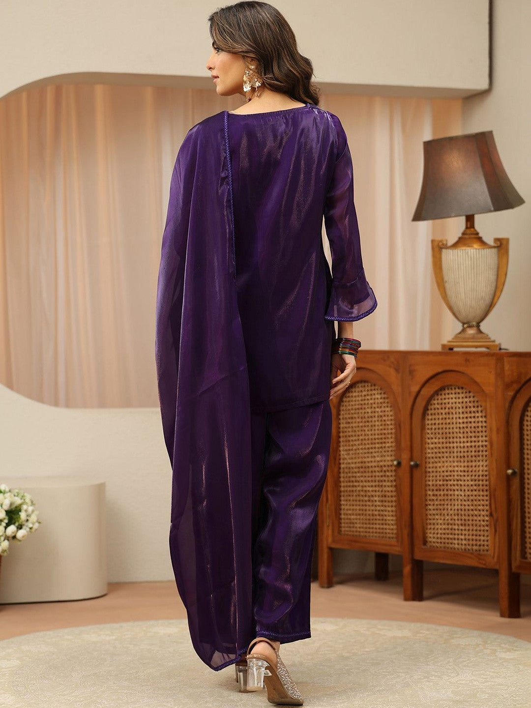 Libas Purple Solid Tissue Palazzo Suit Set