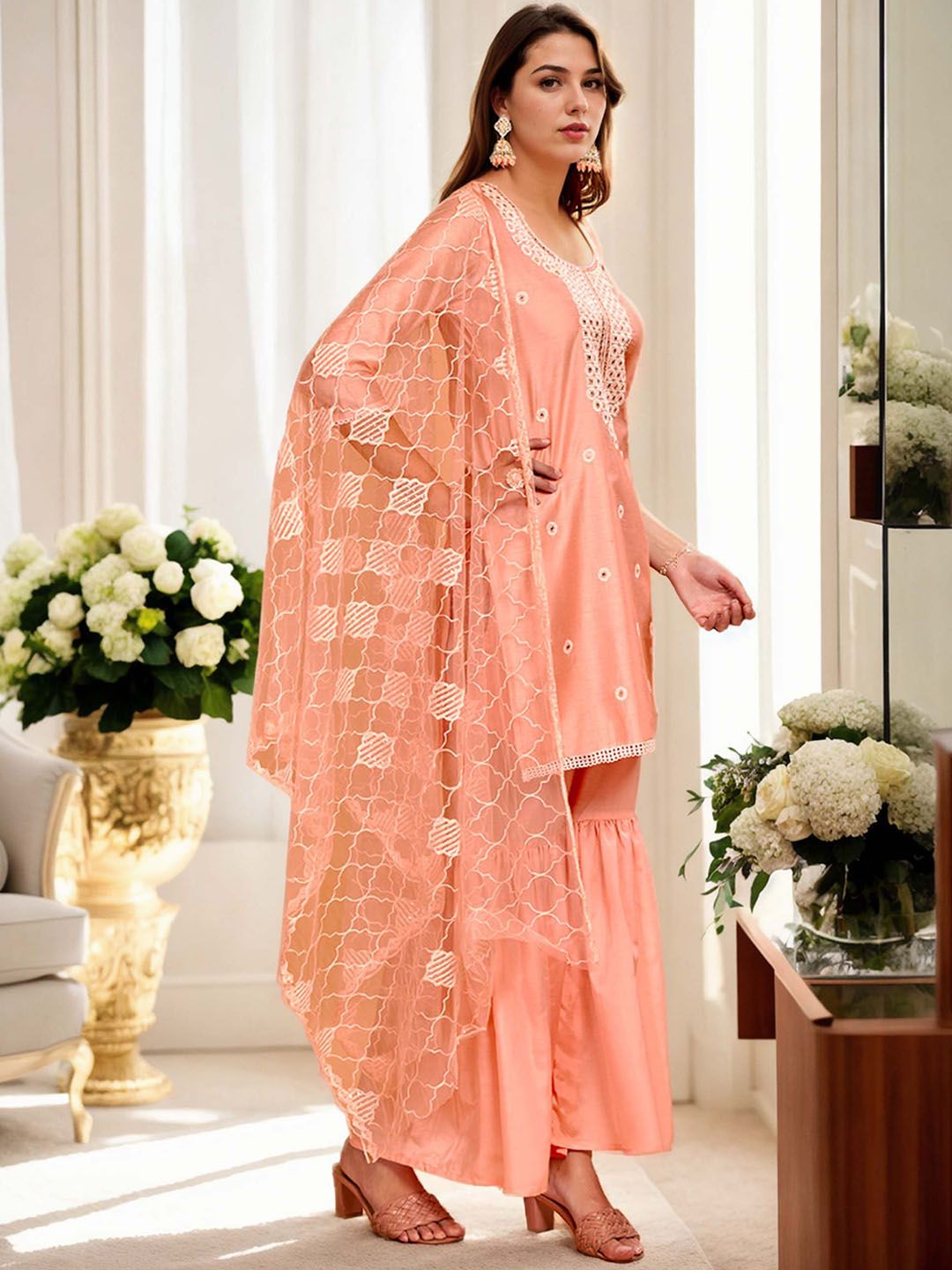 Dhiyona AN Coral Floral Embroidered Chanderi Cotton Straight Kurta With Sharara & Dupatta