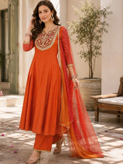Women Ethnic Motifs Embroidered Regular Kurta with Palazzos & With Dupatta