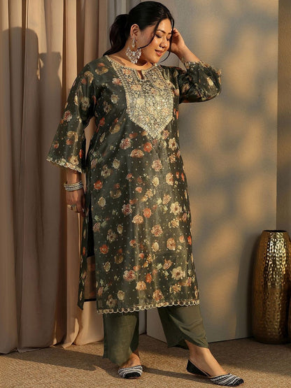 Dhiyona Women's Plus Size Floral Printed Kurta with Trousers & With Dupatta