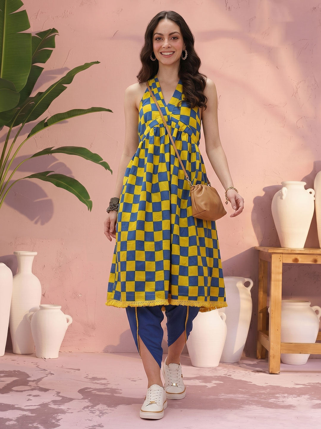 Checked Halter Neck Empire Style Pure Cotton A-Line Fusion Republic Day Kurta with Dhoti Pants