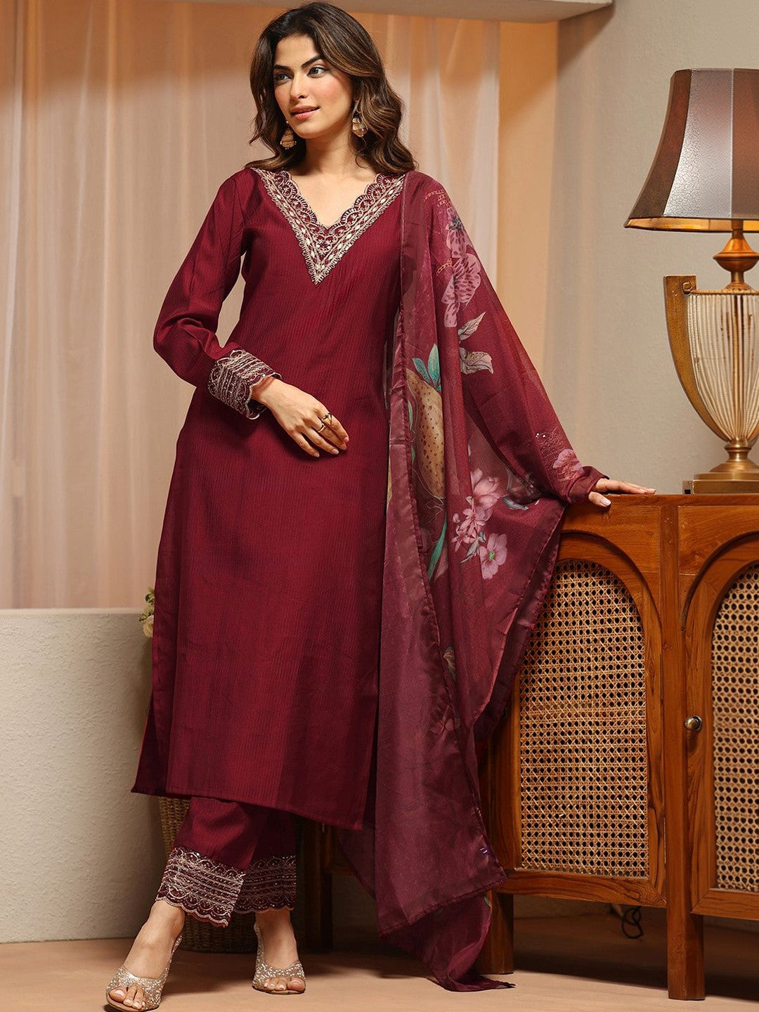 Cardinal Red Yoke Design Straight Suit Set