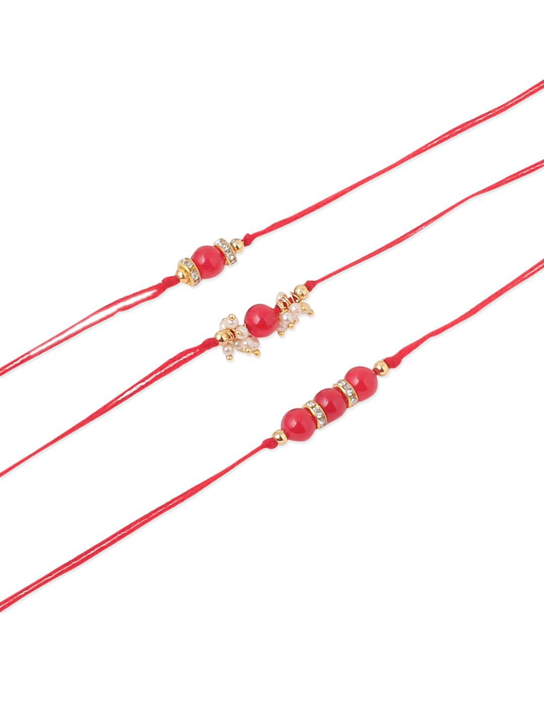 Dhiyona Men Set Of 3 Red Artificial Beads & Pearls Thread Rakhi