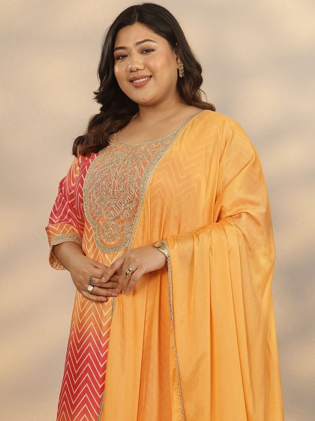 Dhiyona Women's Plus Size Printed Regular Kurta with Palazzos & With Dupatta