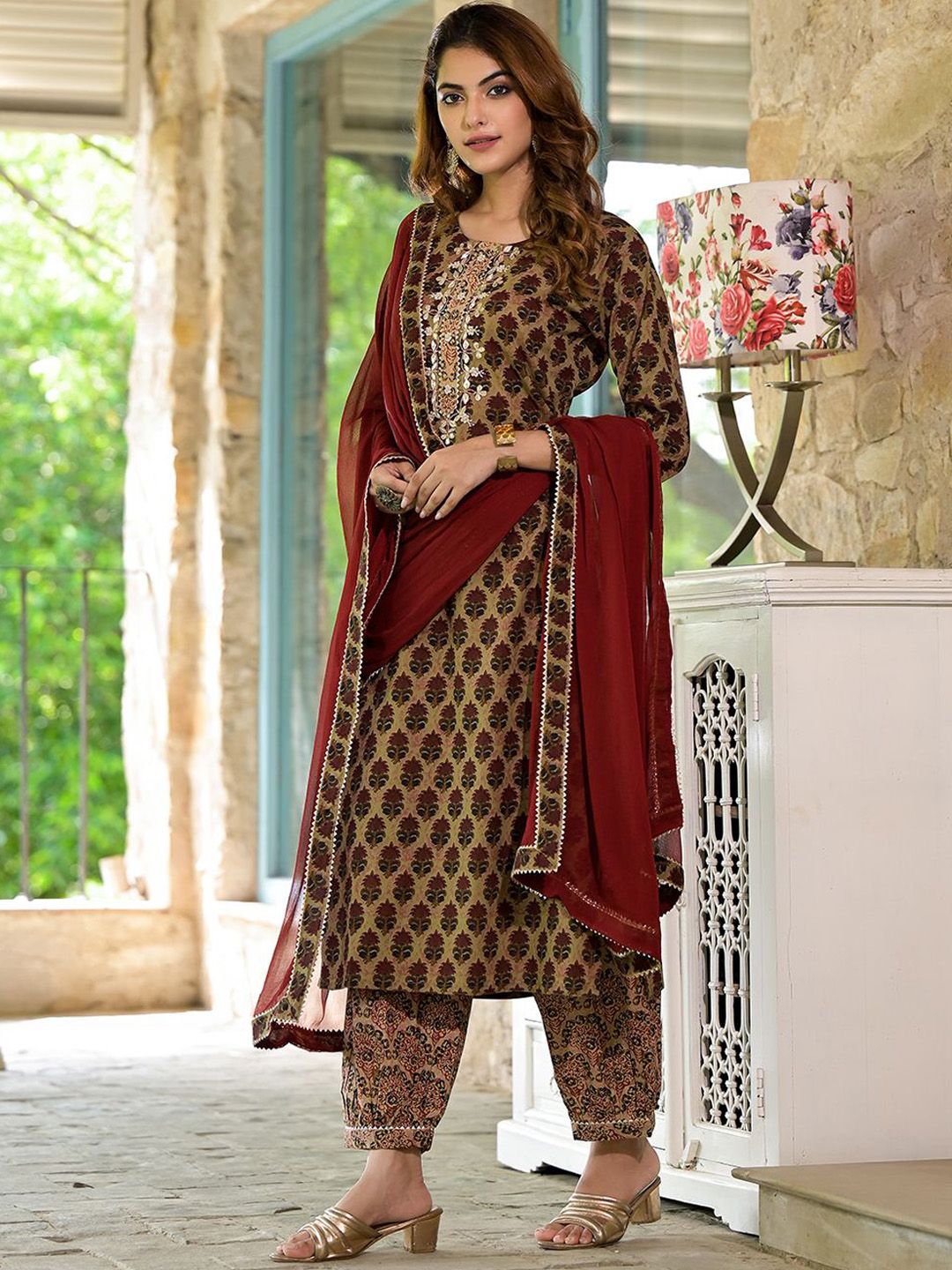 Dhiyona KL Floral Printed Pure Cotton Straight Kurta with Salwar & Dupatta