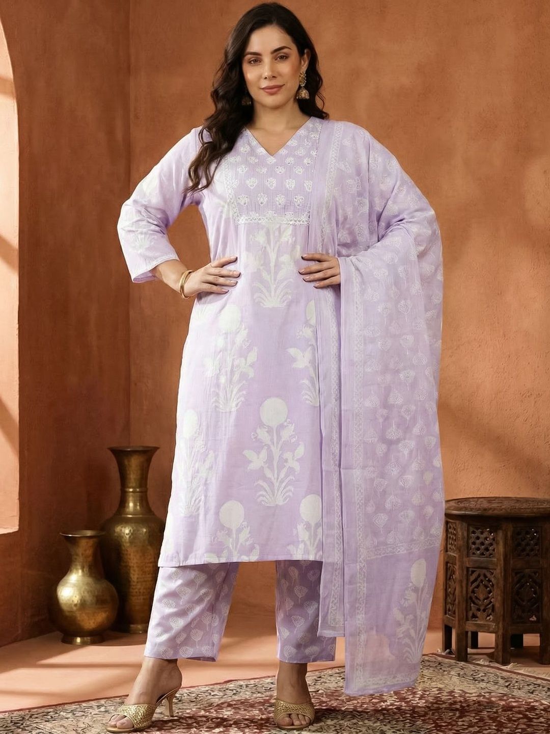 Dhiyona Women's Floral Printed Regular Pure Cotton Kurta with Trousers & With Dupatta