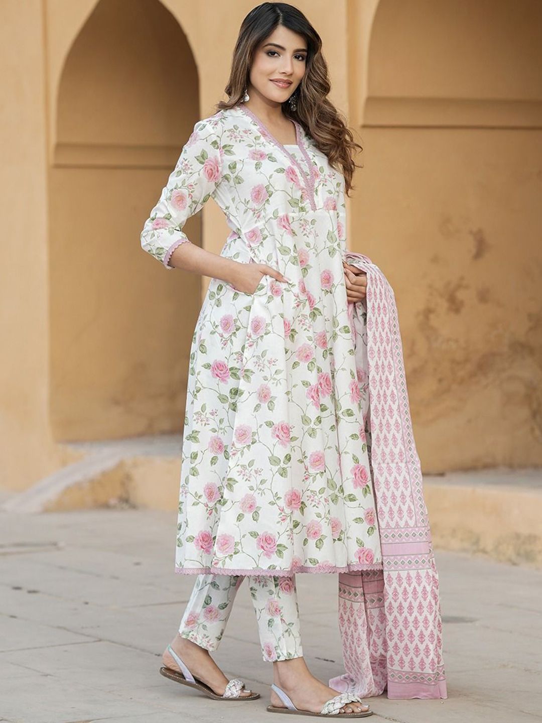 Dhiyona KL Floral Printed Pure Cotton Anarkali Kurta With Trouser And Dupatta