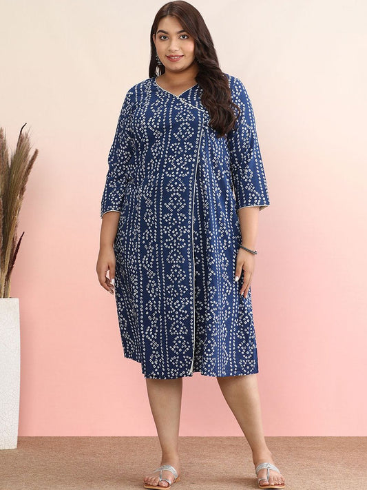 Dhiyona AY Women's Plus Size Geometric Printed V-Neck Pure Cotton A-Line Dress