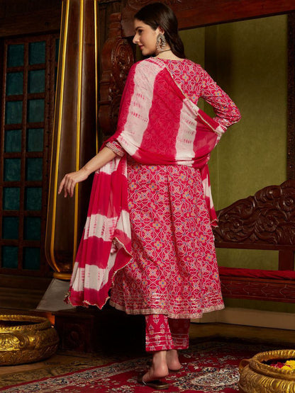 Bandhani Printed Panelled Sequinned Pure Cotton Kurta with Trousers & Dupatta