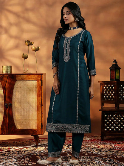 Women's LB Teal Embroidered Silk Blend Straight Suit With Dupatta