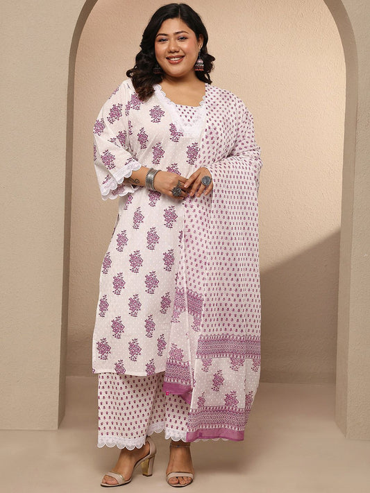 Dhiyona Women's Plus Size Floral Printed Regular Kurta with Trousers & With Dupatta