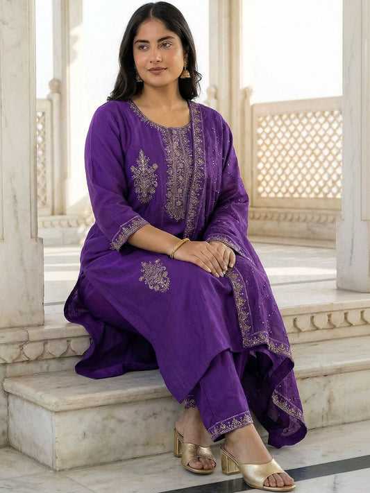 Dhiyona Women's Ethnic Motifs Embroidered Regular Thread Work Kurta with Trousers & With Dupatta