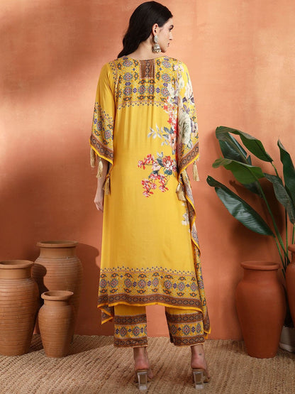 Floral Printed Round Neck Kaftan Kurta With Trousers