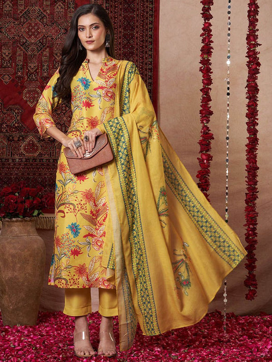 Dhiyona KL Floral Printed Mandarin Collar Straight Kurta With Trouser And Dupatta