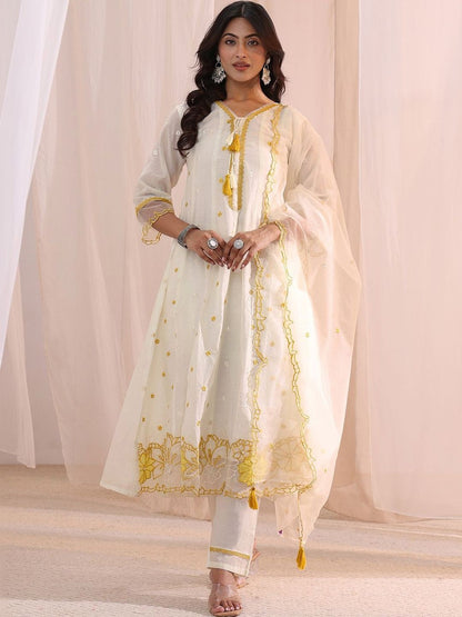 White Floral Embroidered Silk Blend A-Line Suit Set