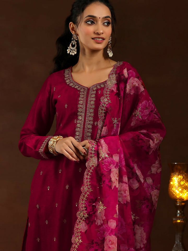 Women's LB Red Embroidered Silk Blend Straight Suit With Dupatta